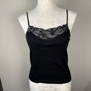 Black Hanro Lace With Embroidery Trim Cotton Camisole M